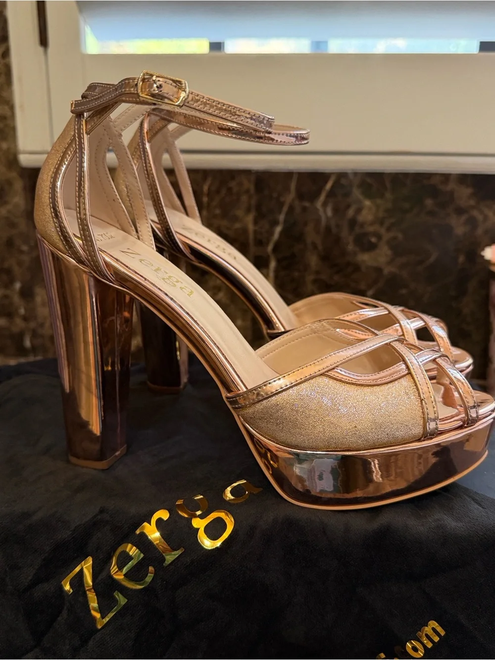 Zerga-“Sindo”- Rose Gold Metallic/Mirror Glitter Platform High Heel Sandals-Sz 9
